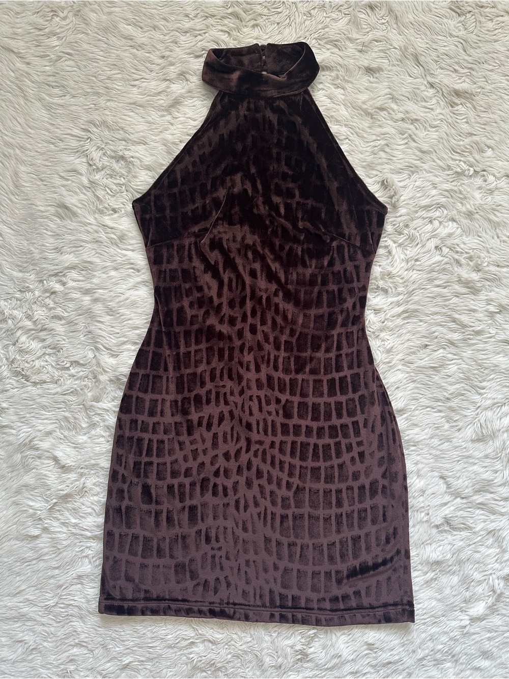 Vintage Mg Apparel Dress Velvet High Neck Halter Mini 90s Embossed Brown Sz S